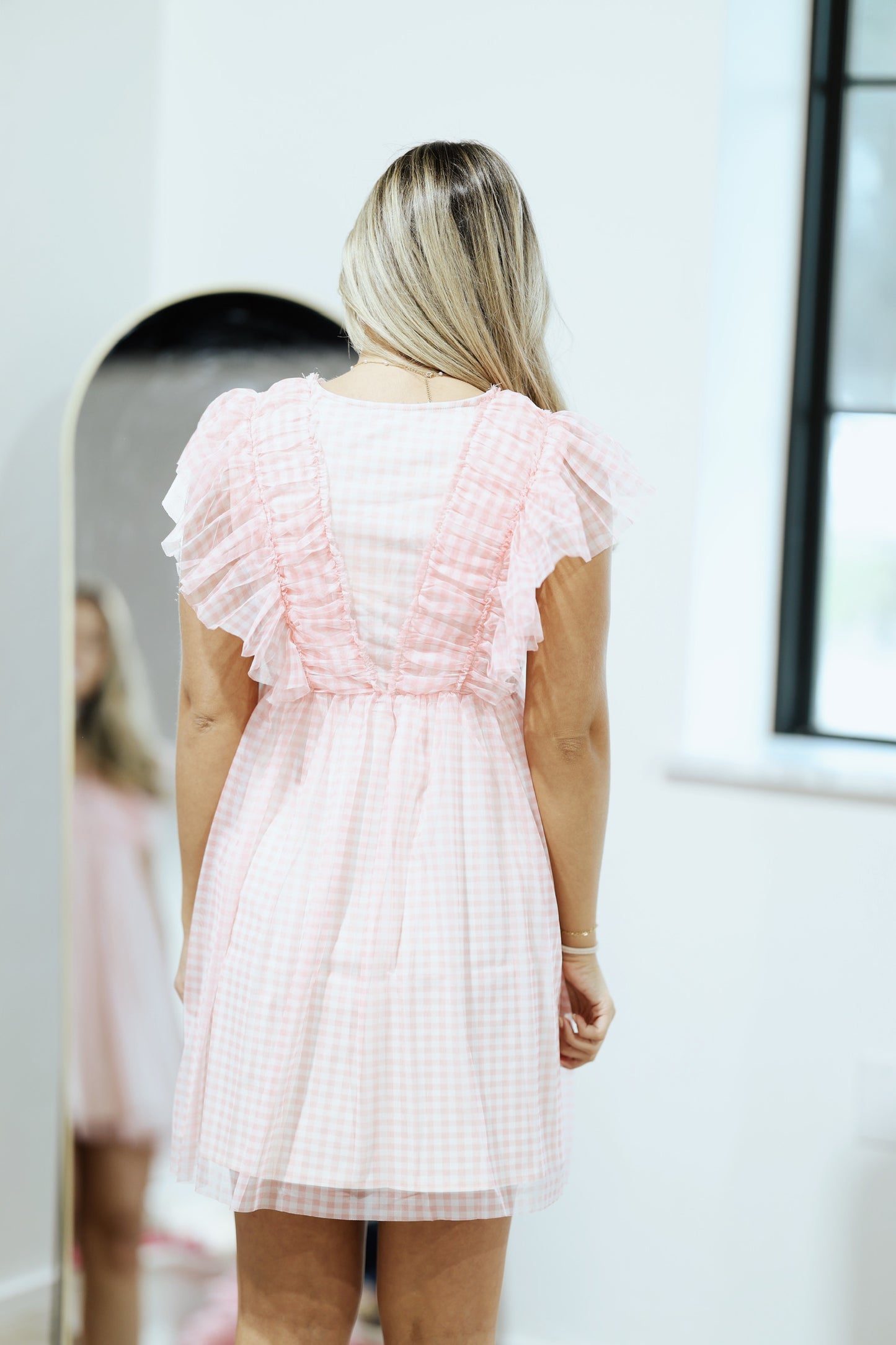 Light Pink Gingham Tool Short Dress