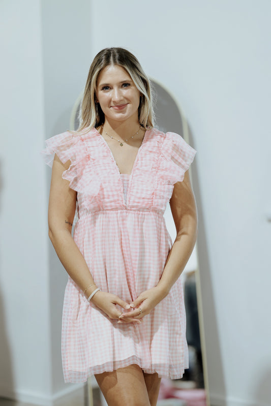 Light Pink Gingham Tool Short Dress