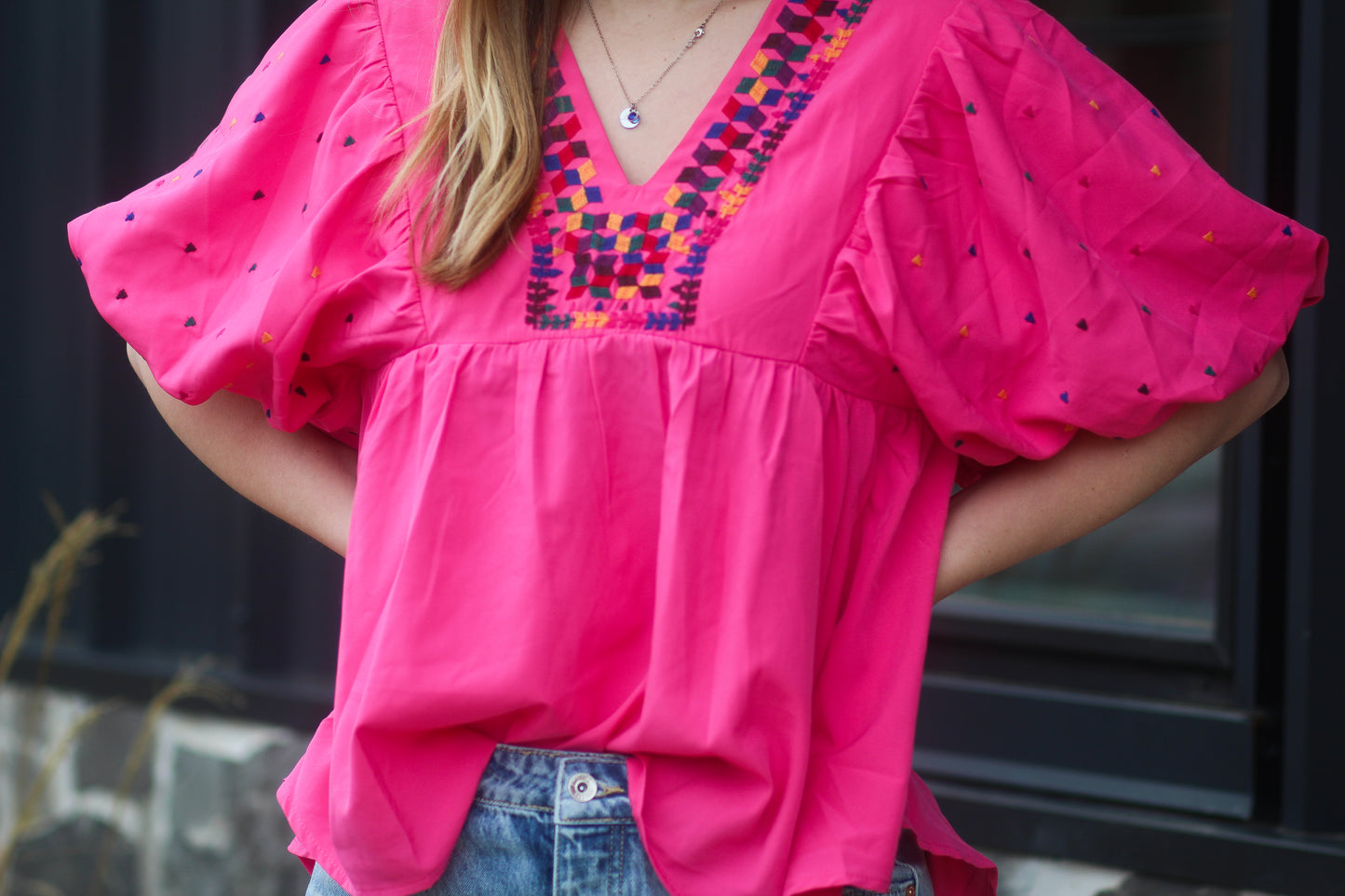 Pink Puff Sleeve Blouse With Embroidered Design