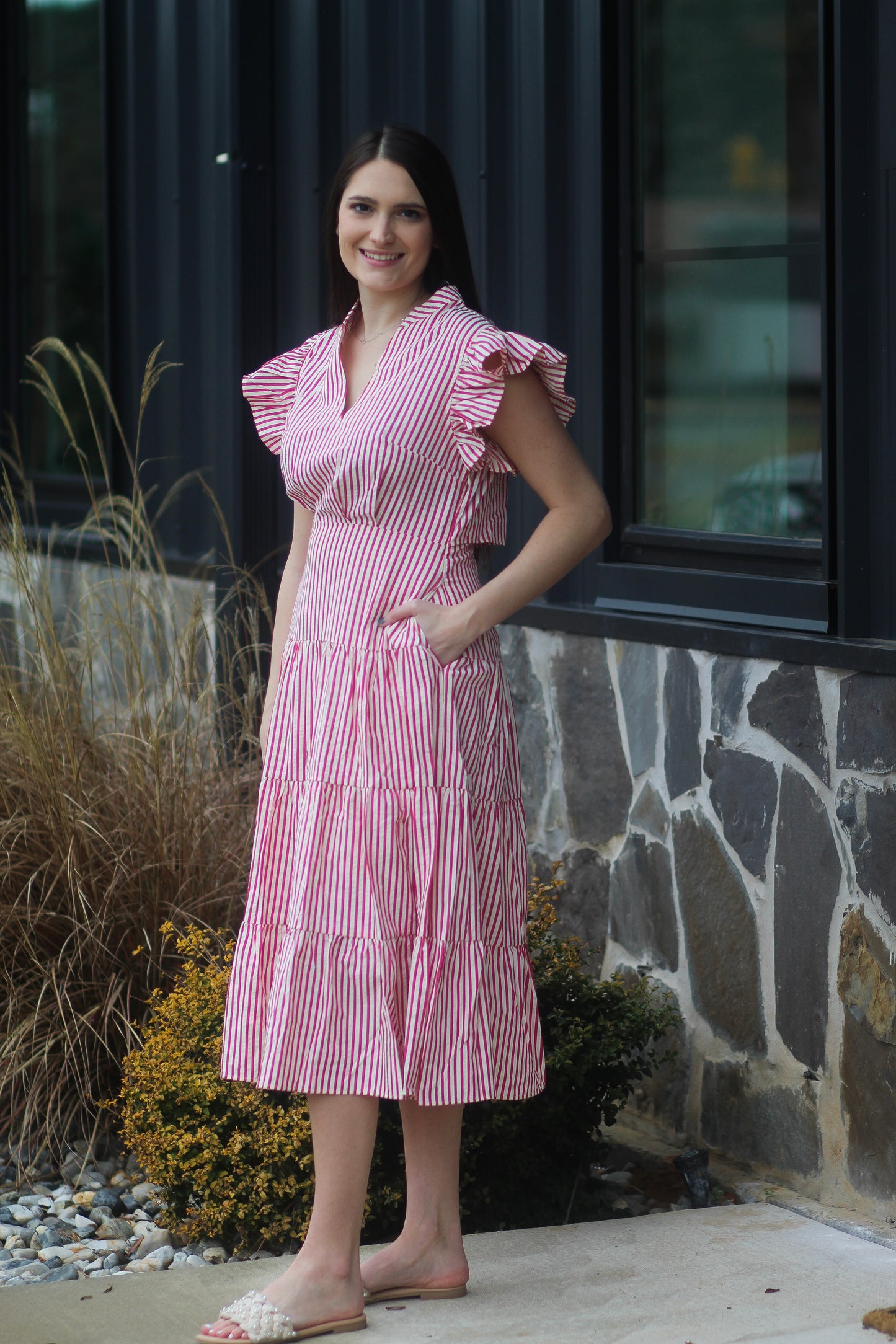 Pink Striped Midi Dress