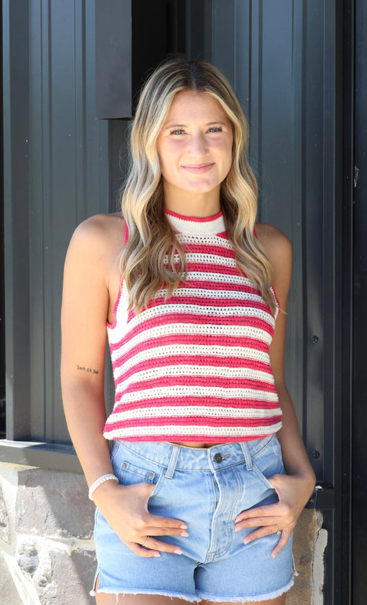 Pink & White Crochet Tank Top