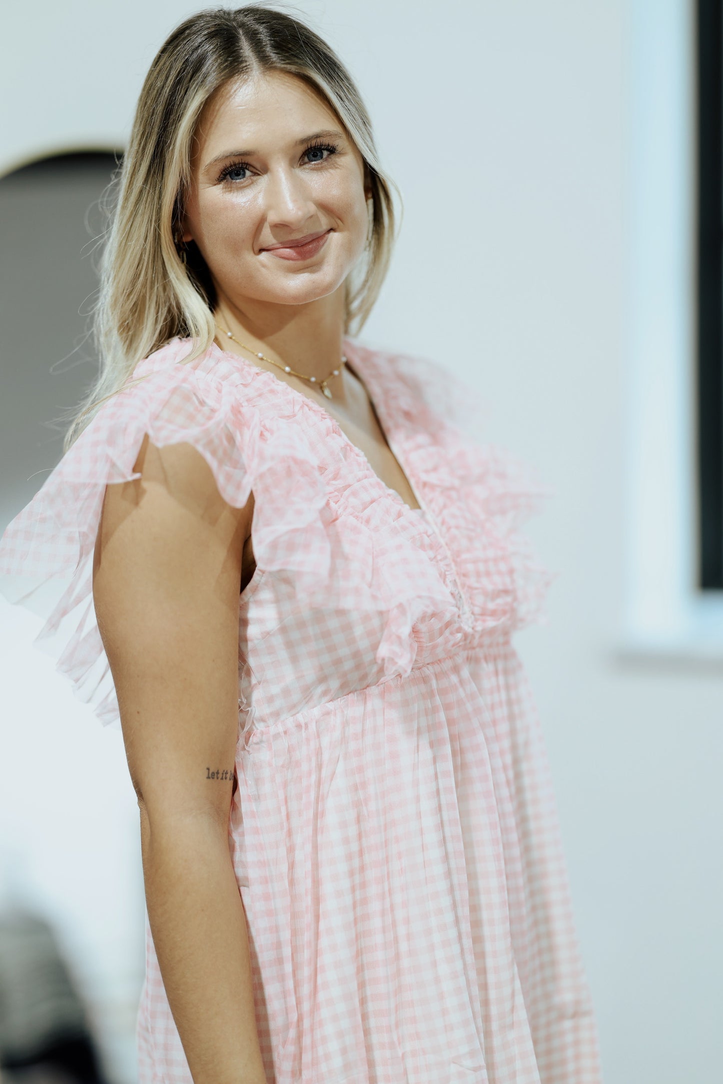 Light Pink Gingham Tool Short Dress