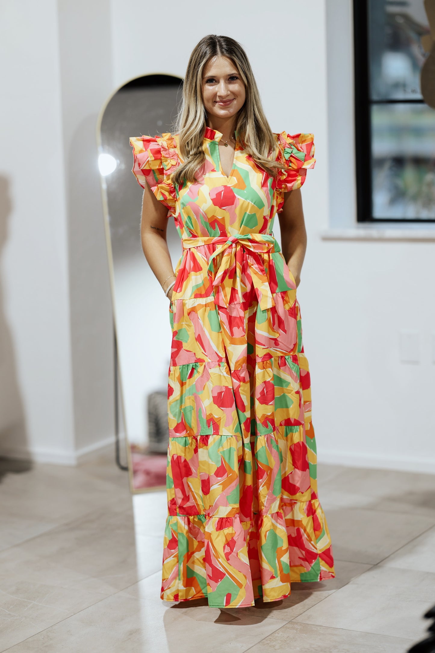 Red/Green/Orange Pattern Maxi Dress With Tie