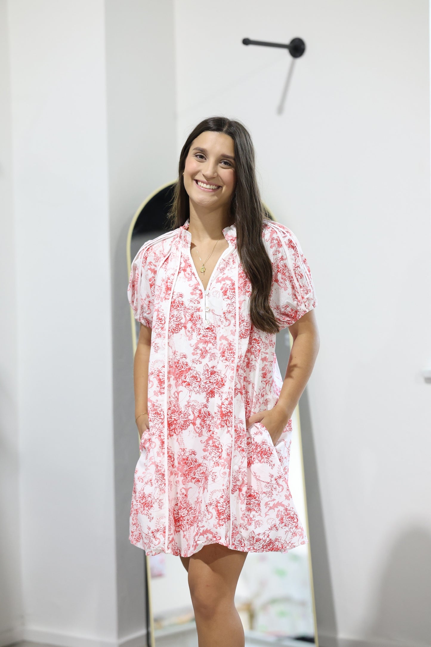 Red Floral Short Dress With Puff Sleeve