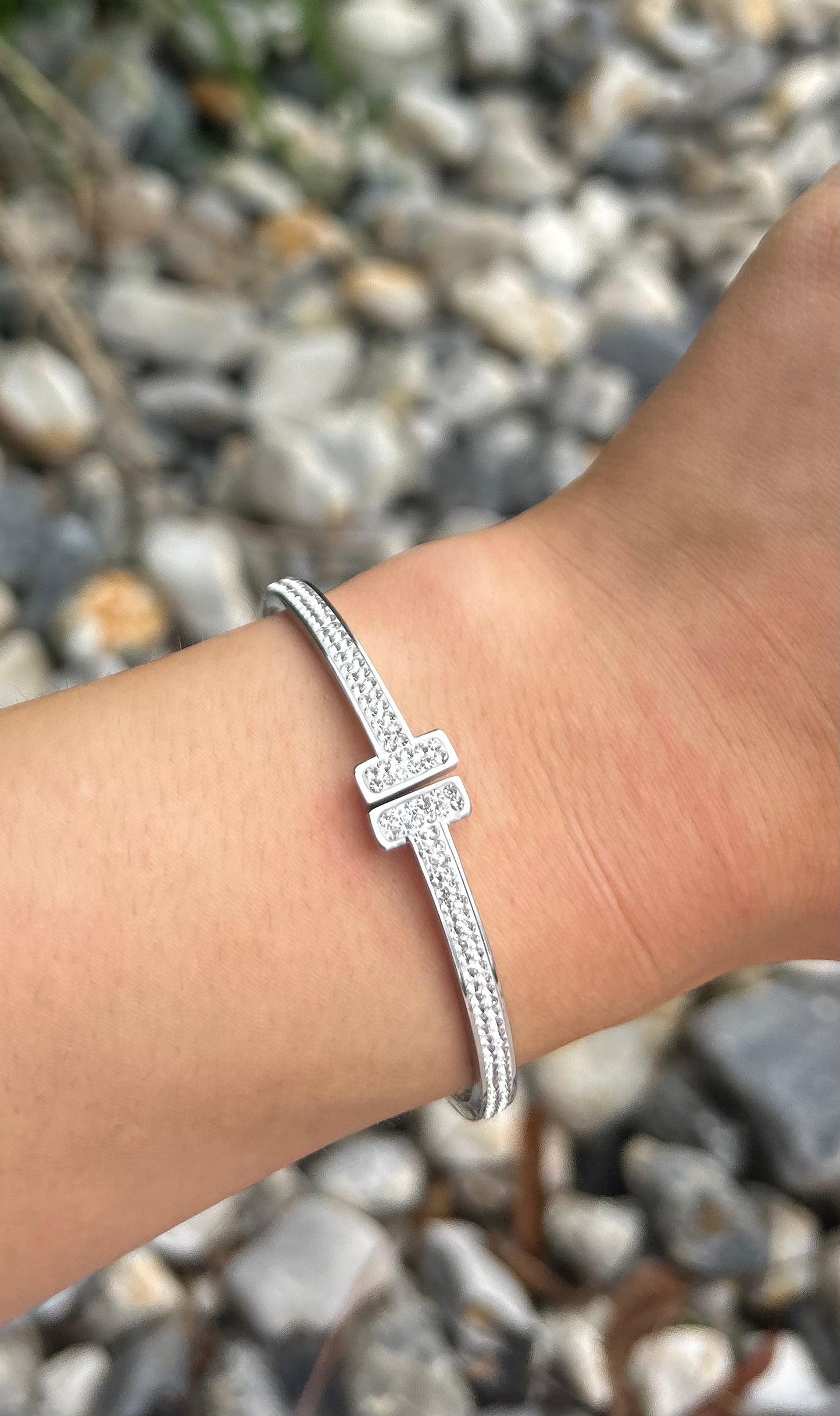 Silver T Shaped Bracelet With Stones