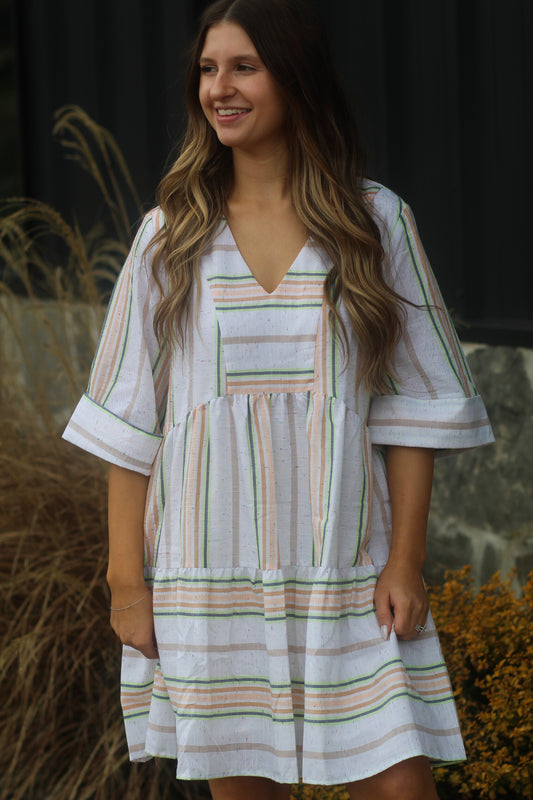 White Speckled Striped Short Dress