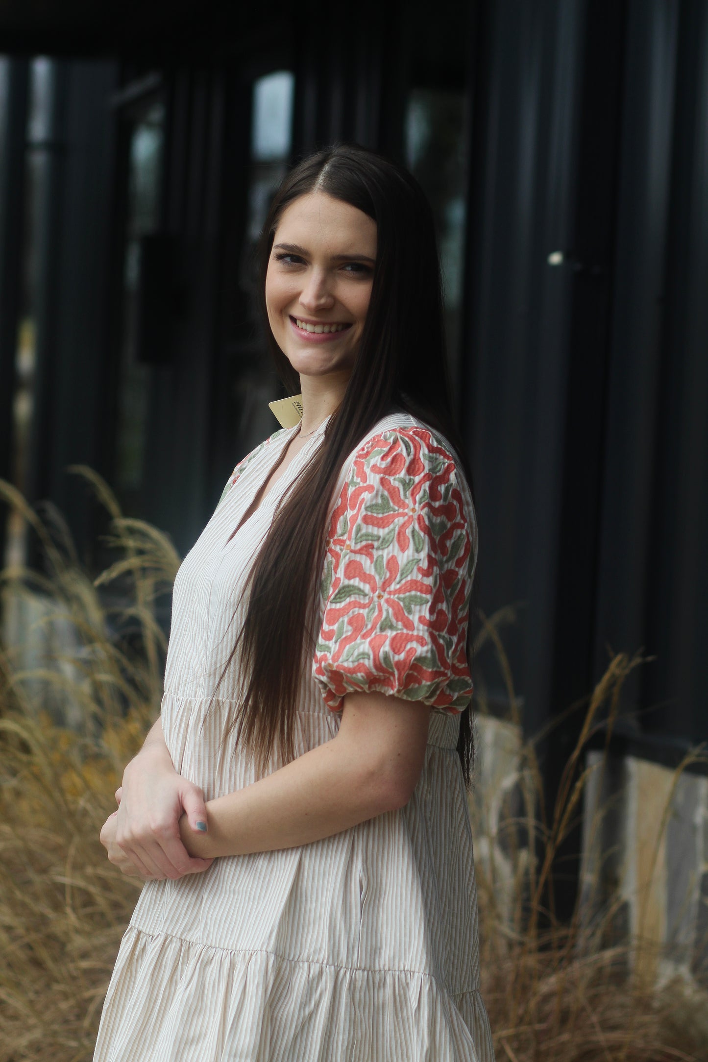 Tan Striped Dress With Pink/Green Flower Sleeves