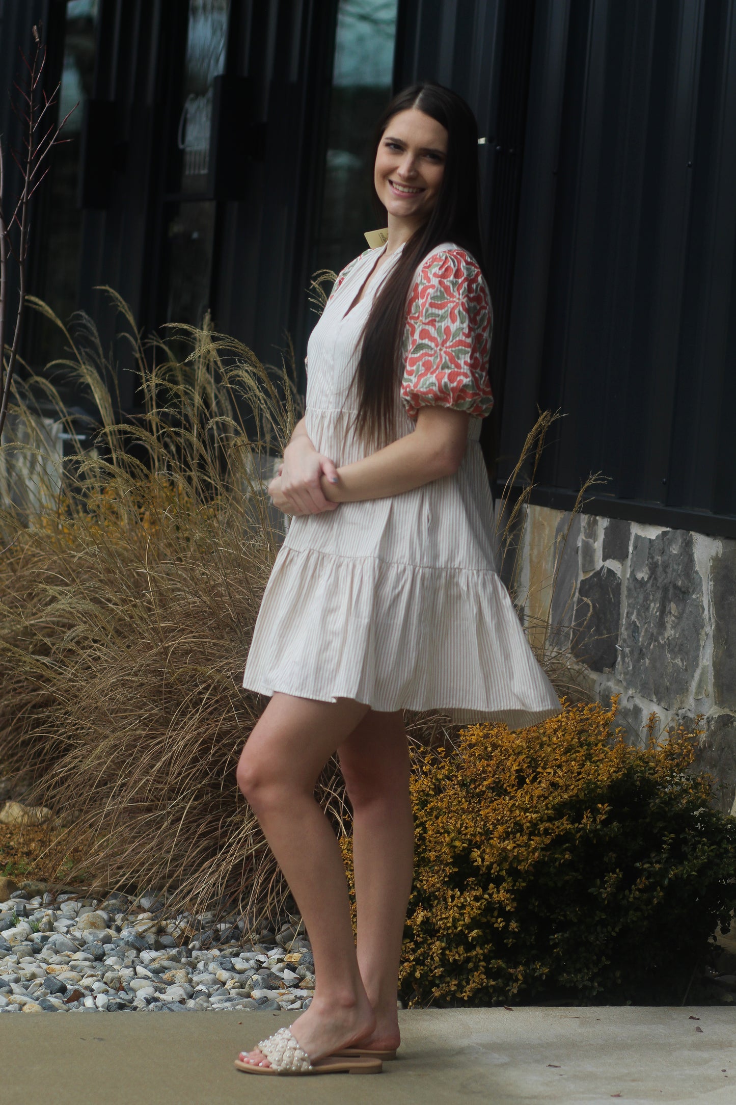 Tan Striped Dress With Pink/Green Flower Sleeves