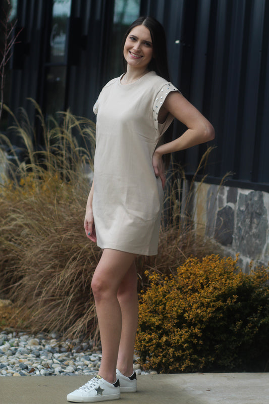 Tan Short Dress With Silver Sleeve Buttons