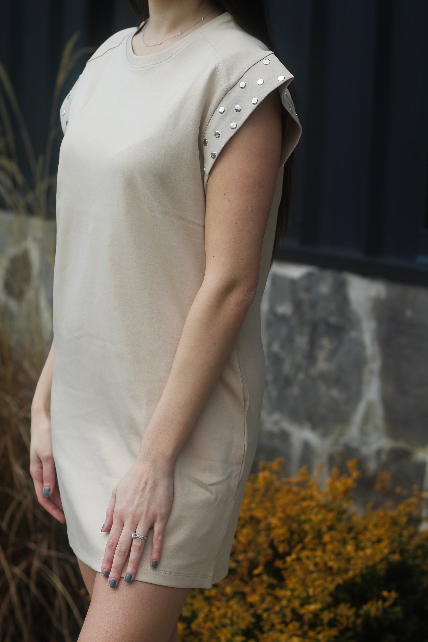 Tan Short Dress With Silver Sleeve Buttons