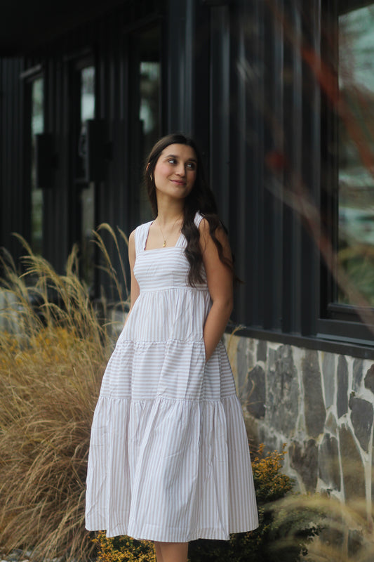 Tan/White Striped Midi Dress