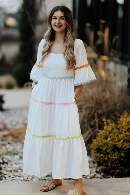 White Midi Dress With Pink/Orange/Green/Blue/Rick Rack Design