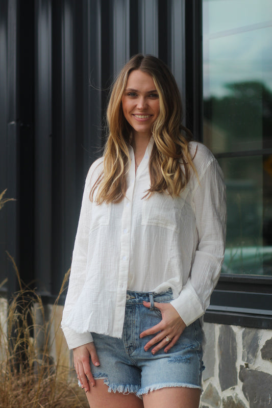 White Distressed End Button Up