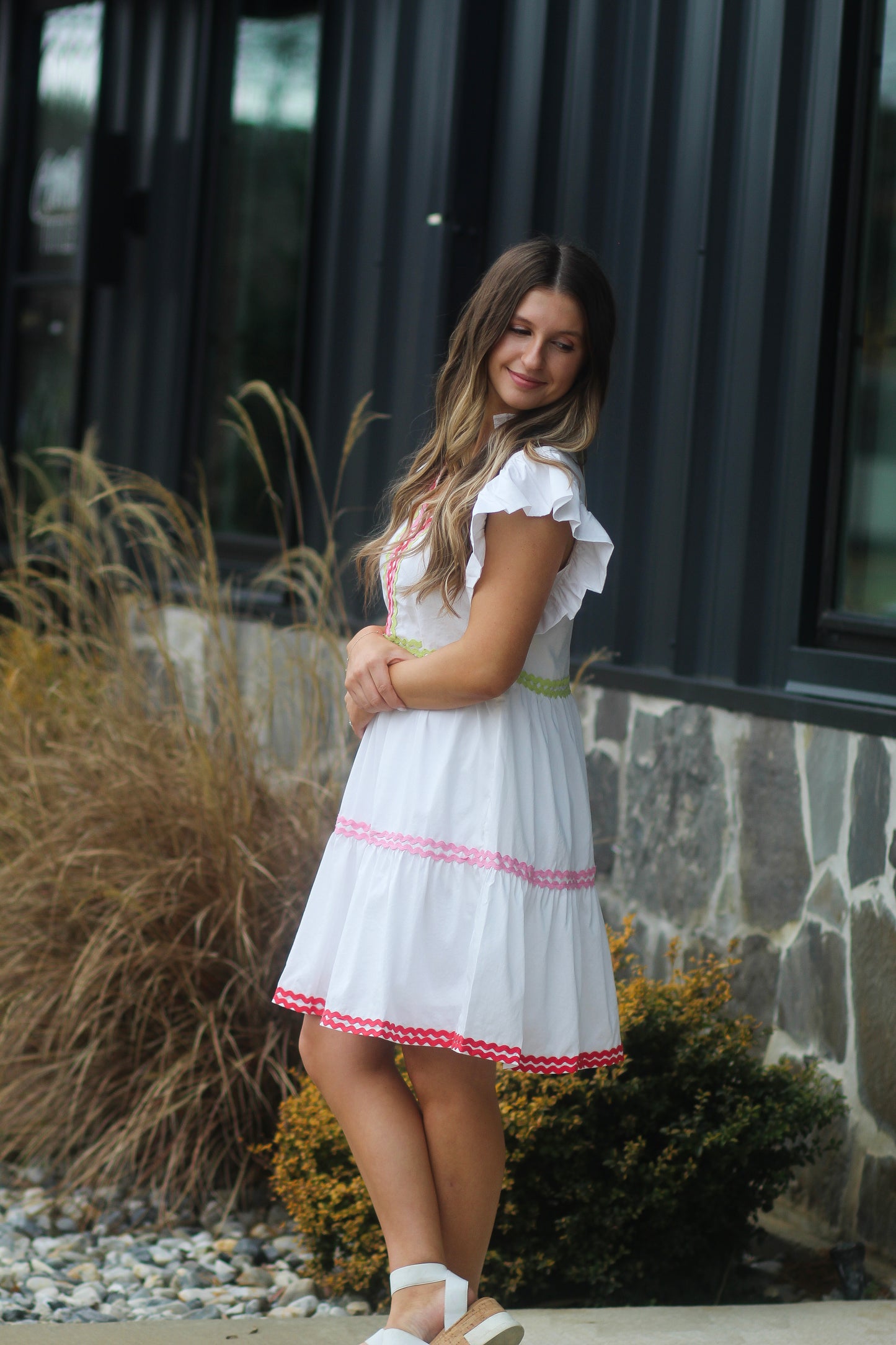 White Short Dress With Pink/Green/Red Rick Rack