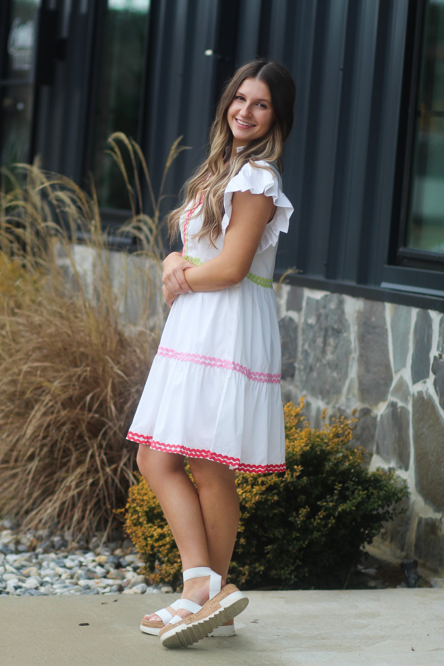 White Short Dress With Pink/Green/Red Rick Rack