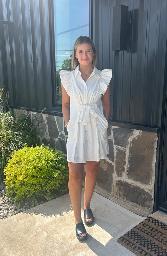 White Short Dress With Ruffle Sleeve and Tie