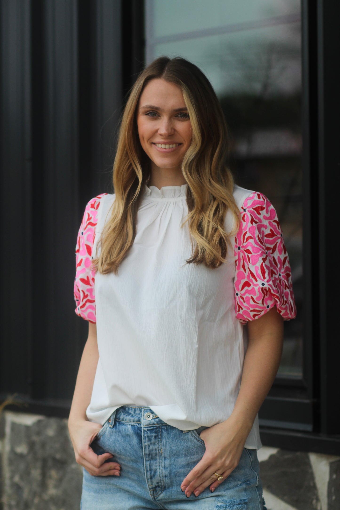 White Blouse With Puff Sleeve Pink Red Flowers