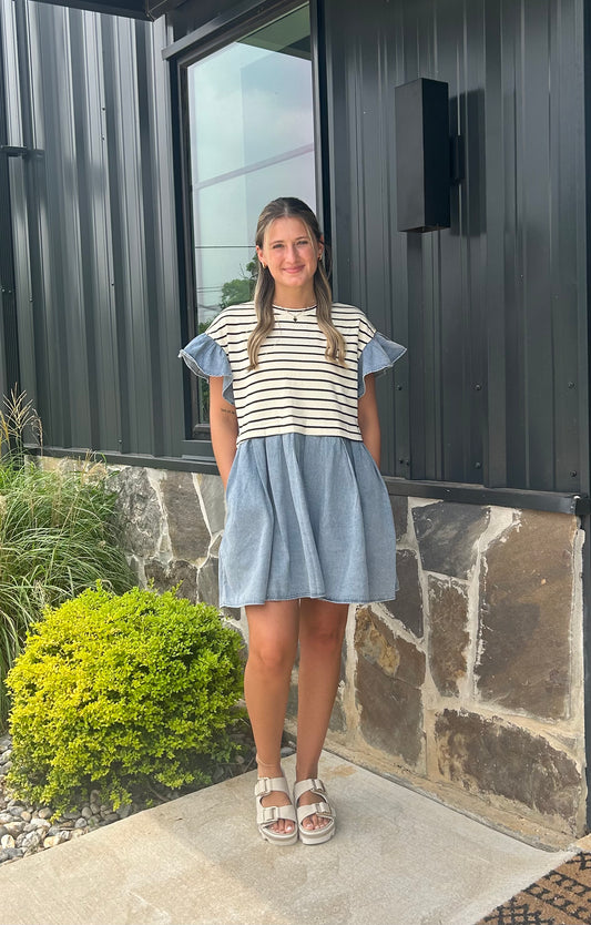 Striped Top Denim Bottom Short Dress