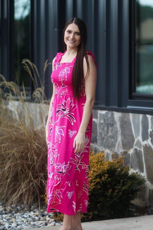 Hot Pink Floral Purple Midi Dress